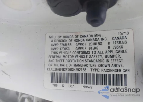 2013 Honda Civic Lx из США, поврежденный, VIN 2HGFB2F56DH592168